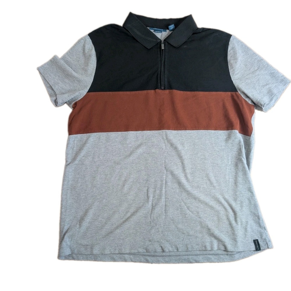 Perry Ellis Slim Stretch Colorblock Quarter Zip Polo Shirt Men's XL Gray...